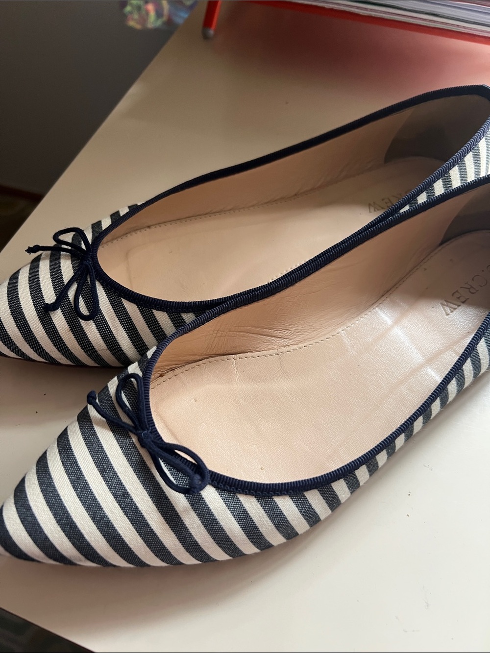 J. Crew Navy and White Striped Pointed-Toe Flats with Bow - Picture 2 of 7